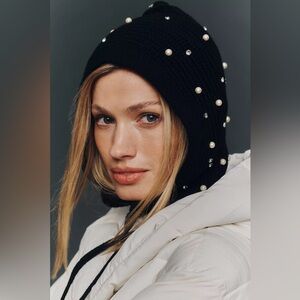 Anthropologie Flat White Rhinestone Embellished Knit Bonnet - NWT - Black